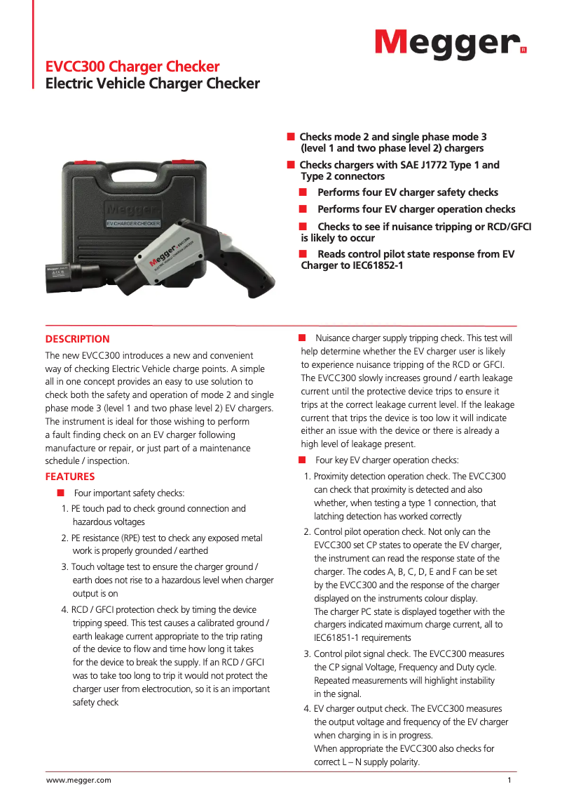Page 1 de la notice Fiche technique Megger EVCC300