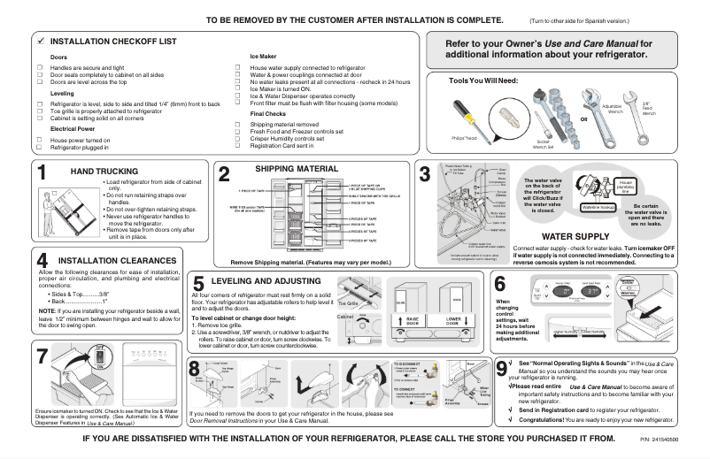 Page n°1 - Guide d'installation Frigidaire PHSC239DSB