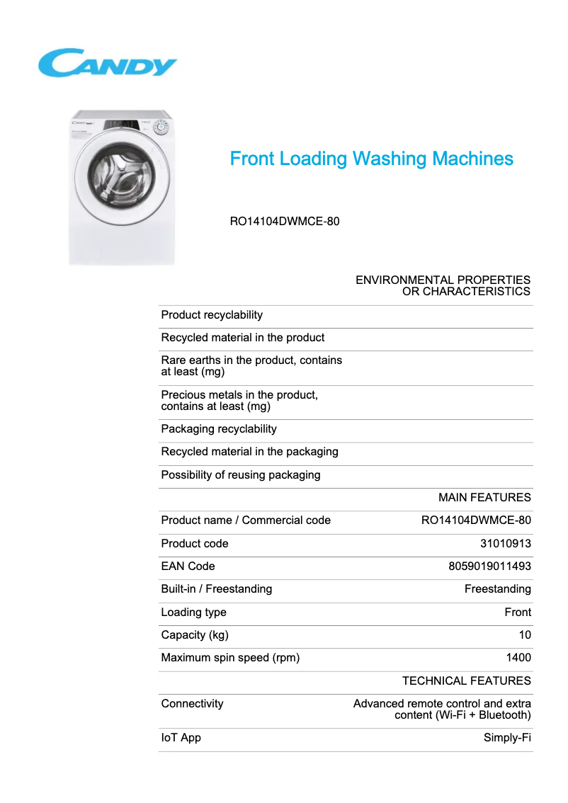 Page 1 de la notice Fiche technique Candy RO14104DWMCE-80