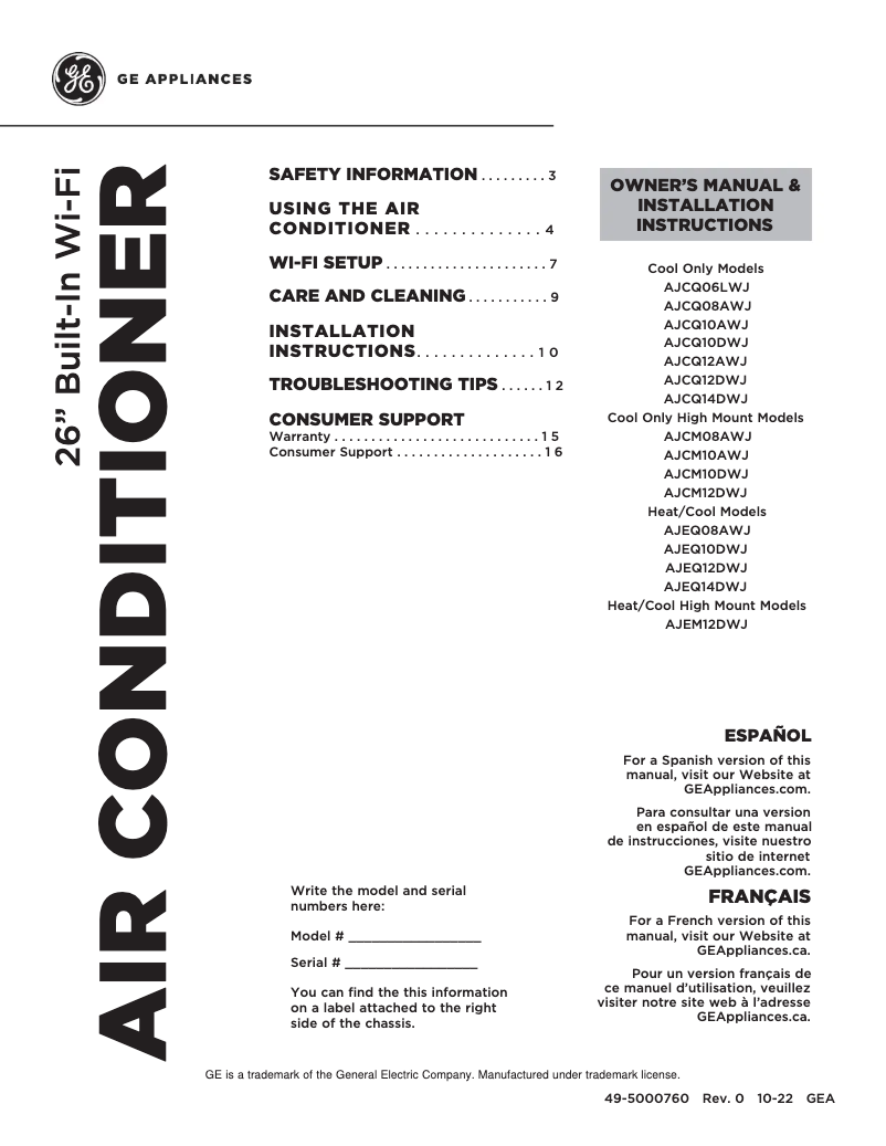 Image de la première page du manuel de l'appareil AJCQ10DWJ