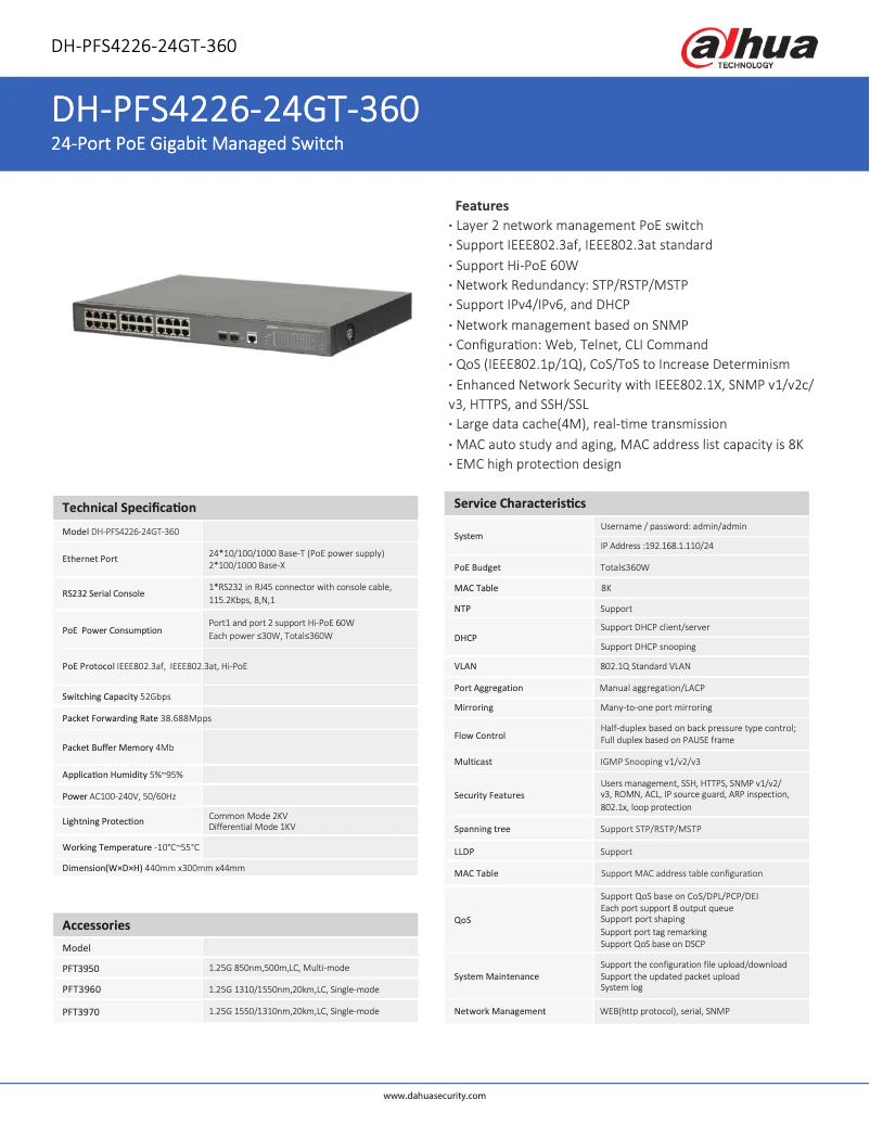Page 1 de la notice Fiche technique Dahua Technology PFS4226-24GT-360
