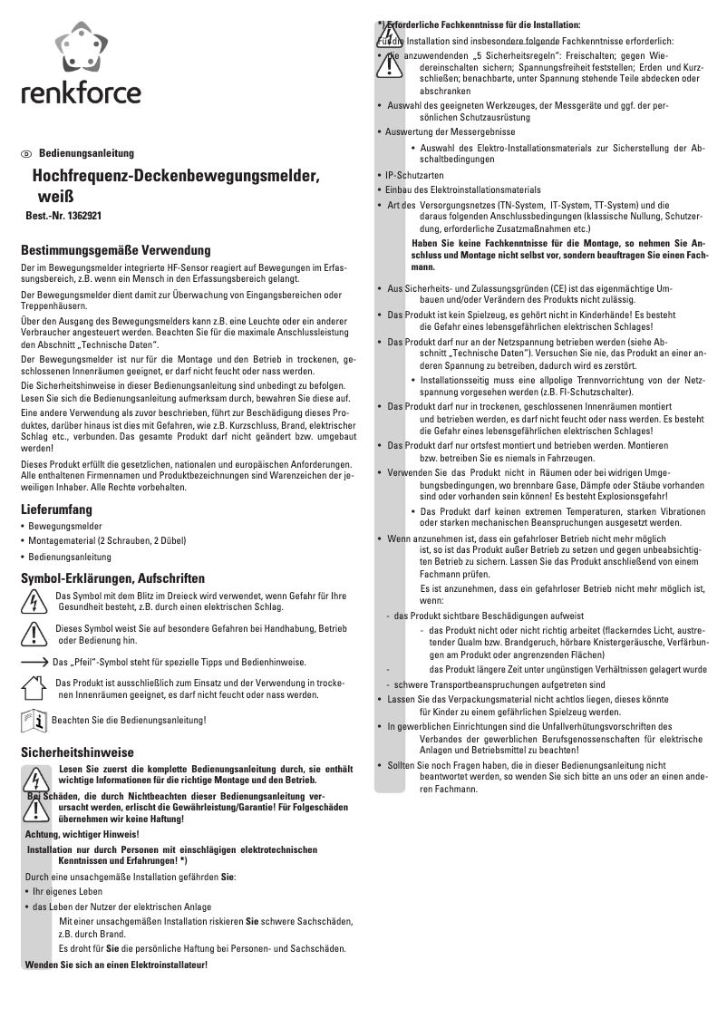 Page 1 de la notice Manuel utilisateur Renkforce 1362921