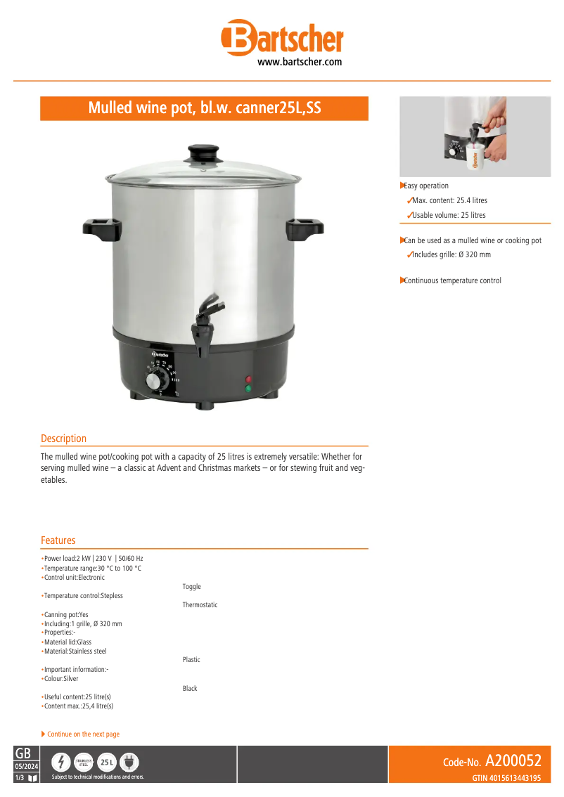 Page 1 de la notice Fiche technique Bartscher GE 25