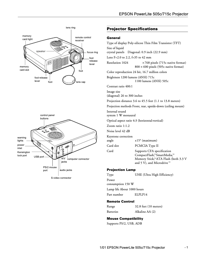 Page 1 de la notice Fiche technique Epson PowerLite 505c