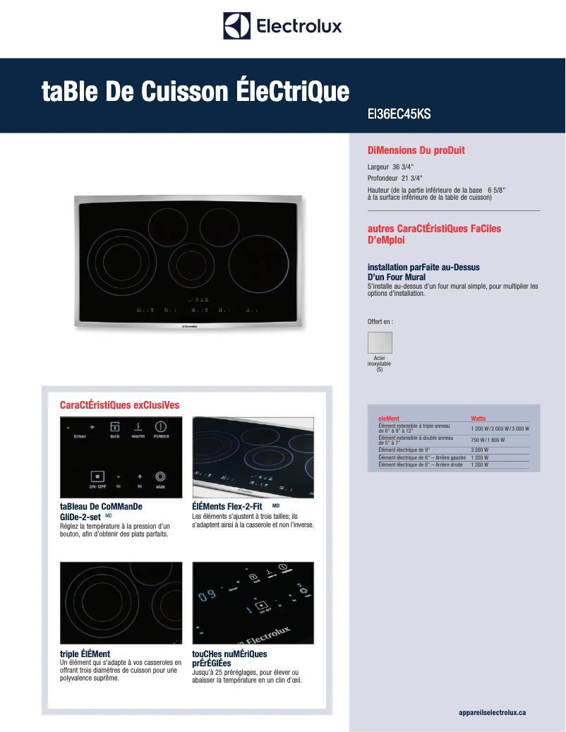Page 1 de la notice Fiche technique Electrolux EI36EC45KB
