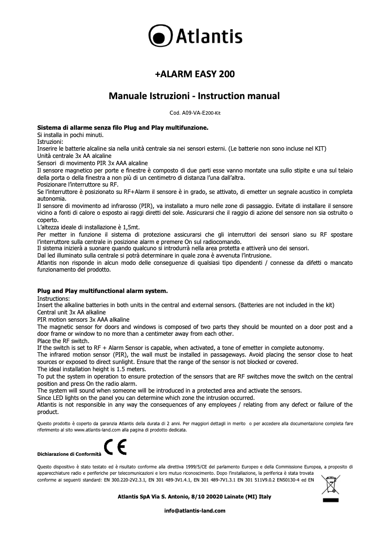 Page 1 de la notice Manuel utilisateur Atlantis Land +Alarm 200 Easy