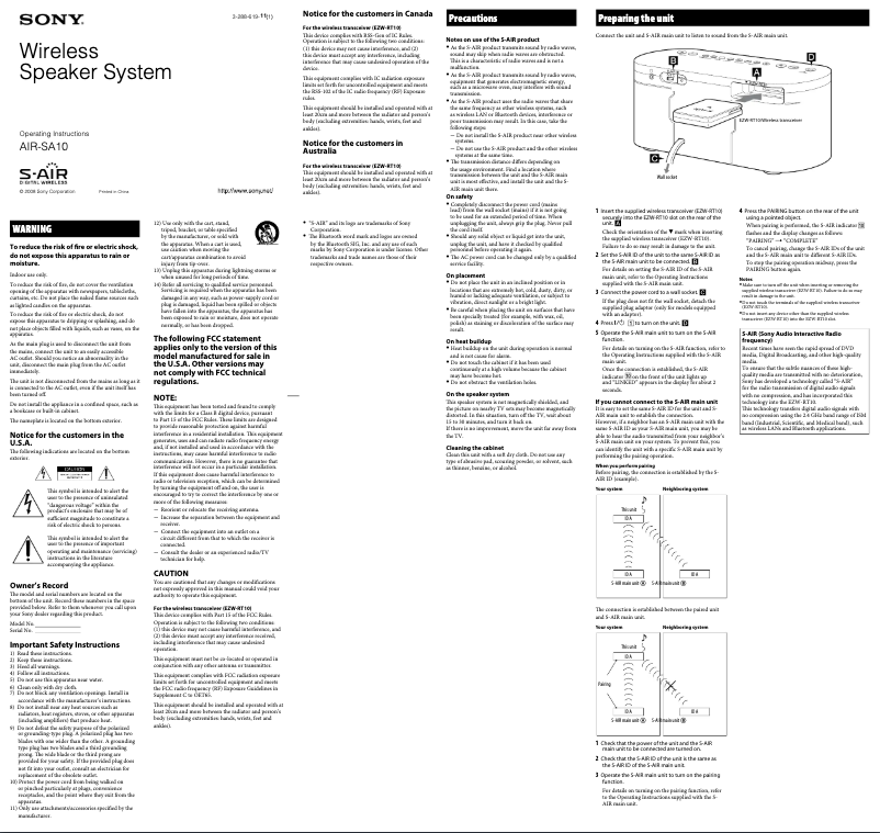 Page 1 de la notice Manuel utilisateur Sony Altus AIR-SA10