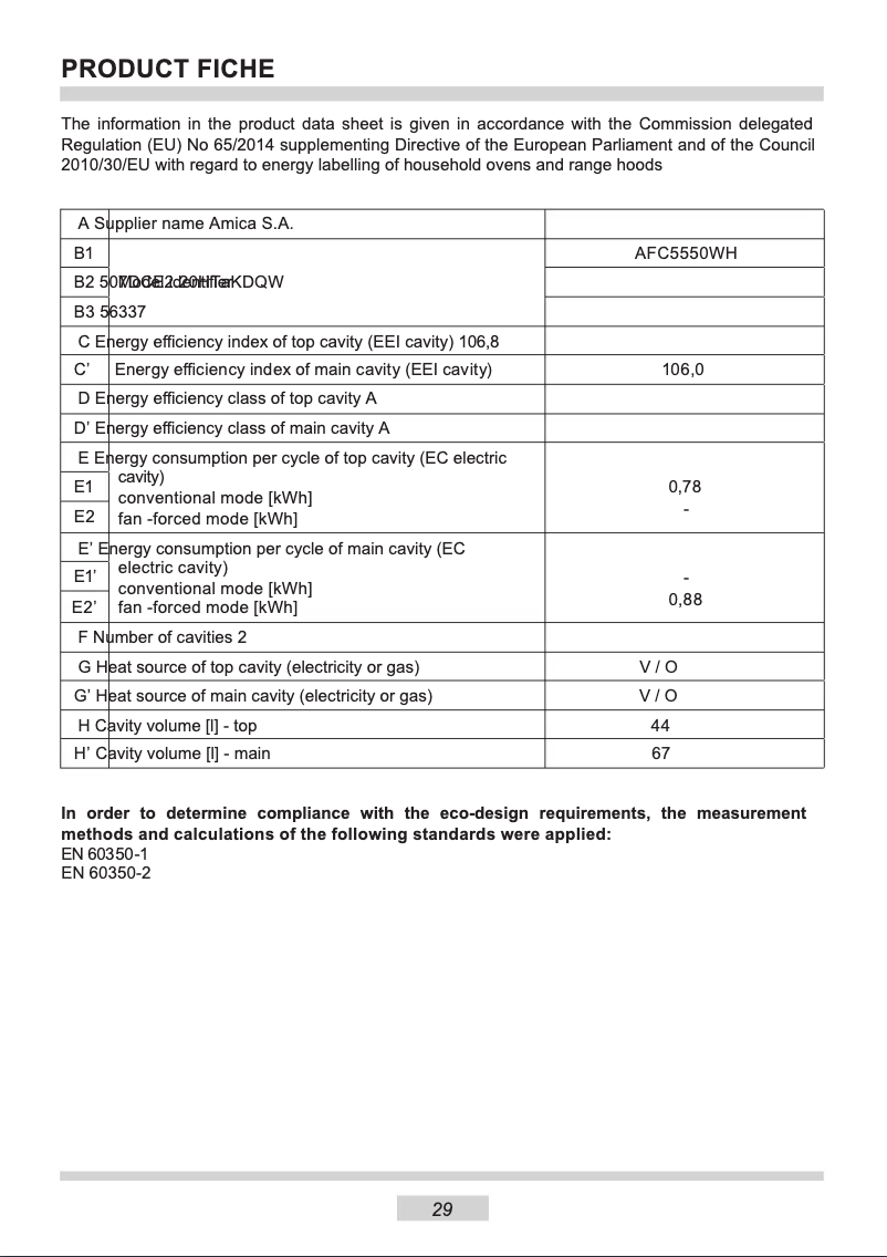Page n°1 - Fiche technique Amica AFC5550WH