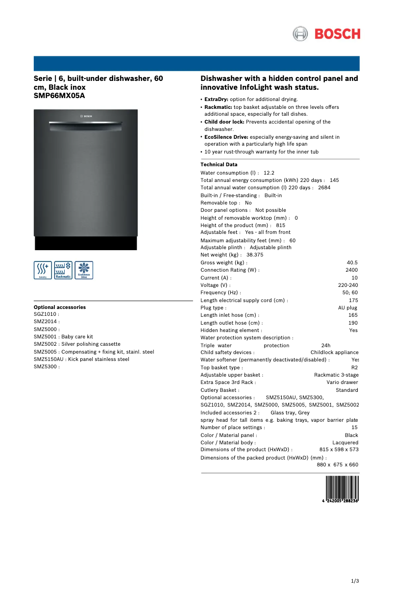 Page n°1 - Fiche technique Bosch SMP66MX05A