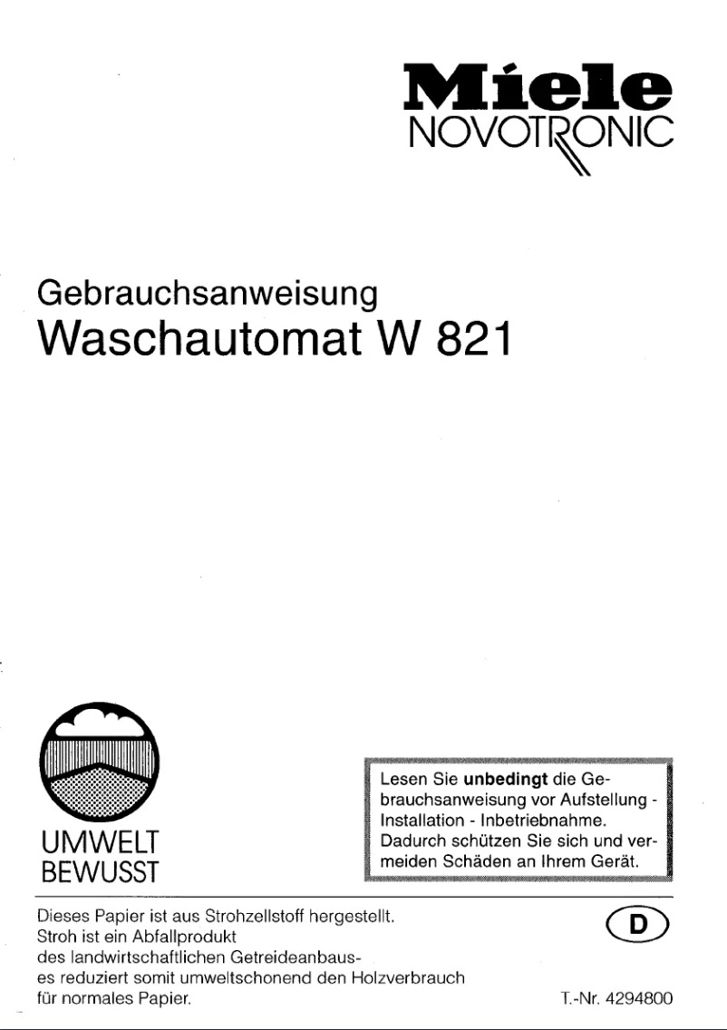 Page 1 de la notice Manuel utilisateur Miele W 821