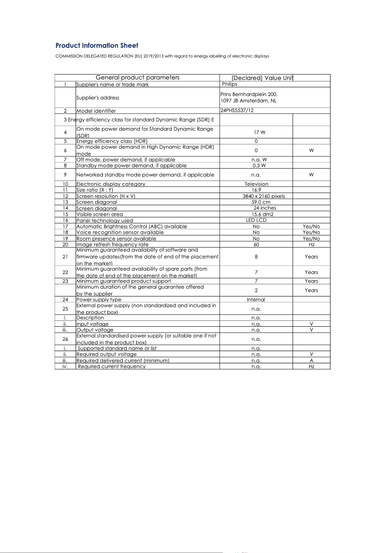 Page 1 de la notice Fiche technique Philips 24PHS5537