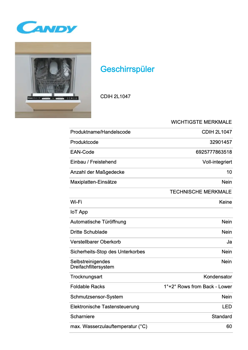 Page 1 de la notice Fiche technique Candy CDIH 2L1047