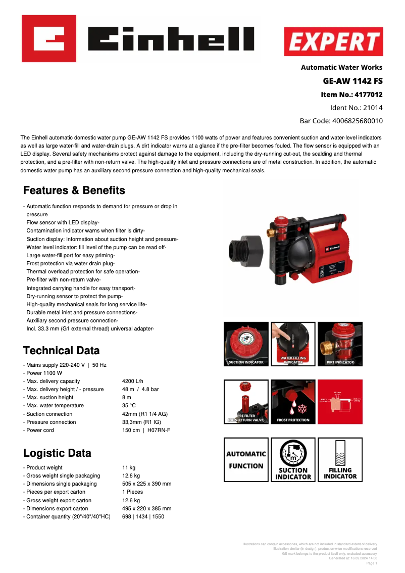 Page 1 de la notice Fiche technique Einhell GE-AW 1142 FS