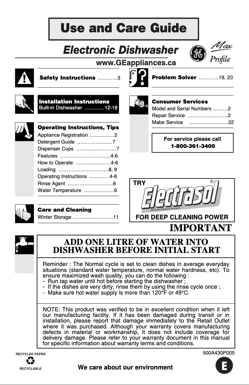 Page n°1 - Manuel utilisateur GE PDW7712KSS
