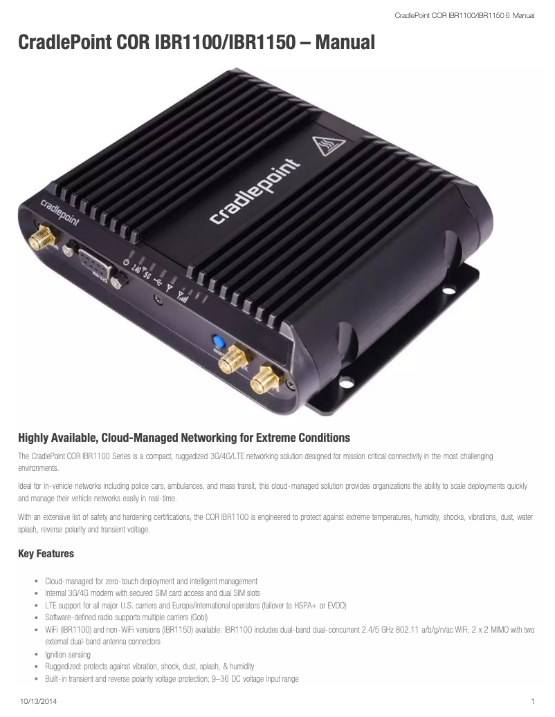 Page 1 de la notice Manuel utilisateur Cradlepoint IBR1150
