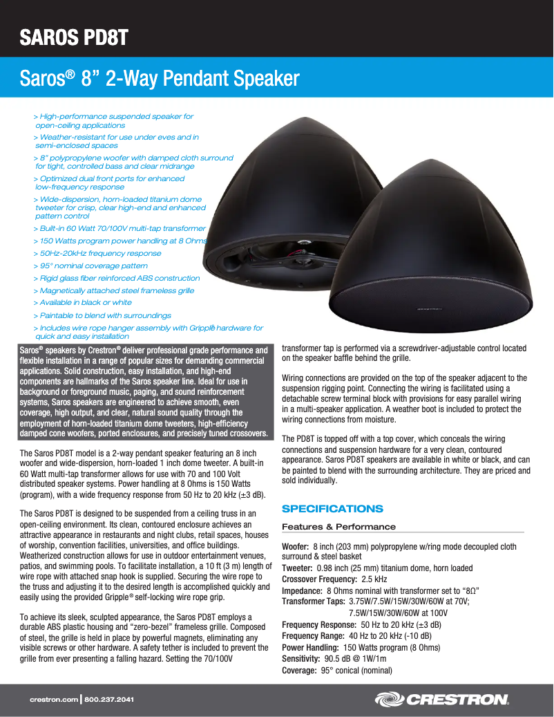 Page n°1 - Fiche technique Crestron Saros PD8T-B-T-EACH