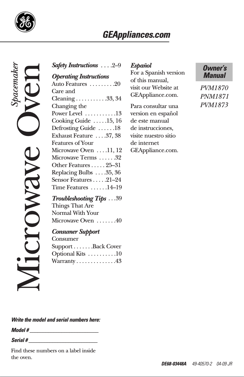 Page 1 de la notice Manuel utilisateur GE Spacemaker PVM1870DM