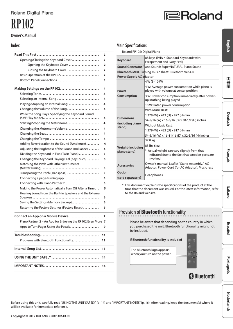 Page 1 de la notice Manuel utilisateur Roland RP-102