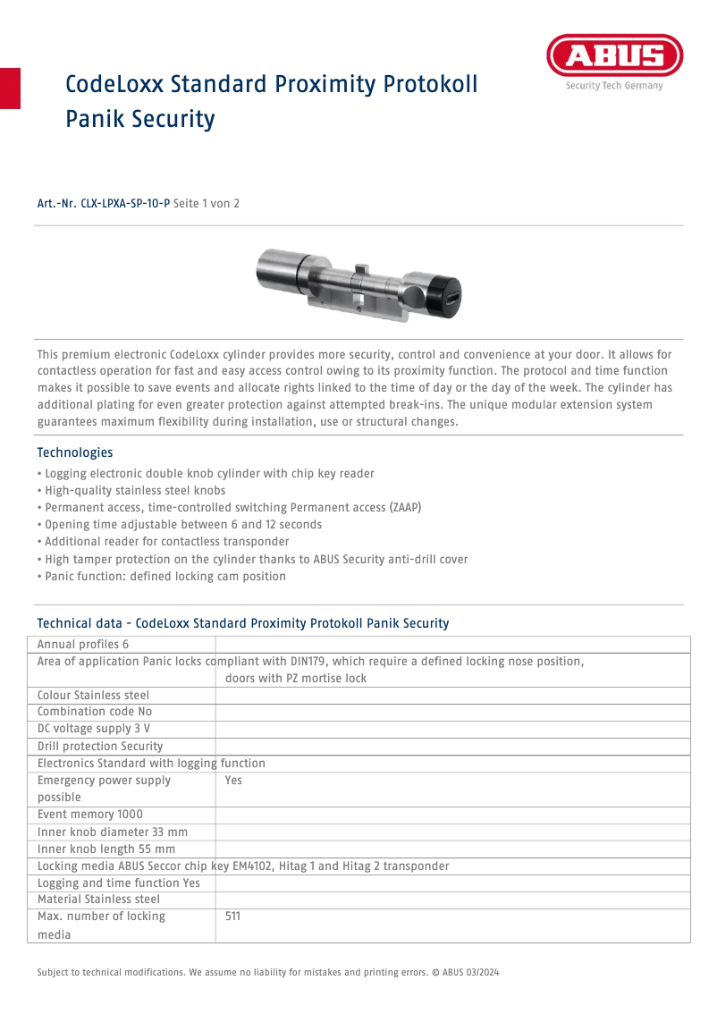 Page n°1 - Fiche technique Abus CLX-LPXA-SP-10-P