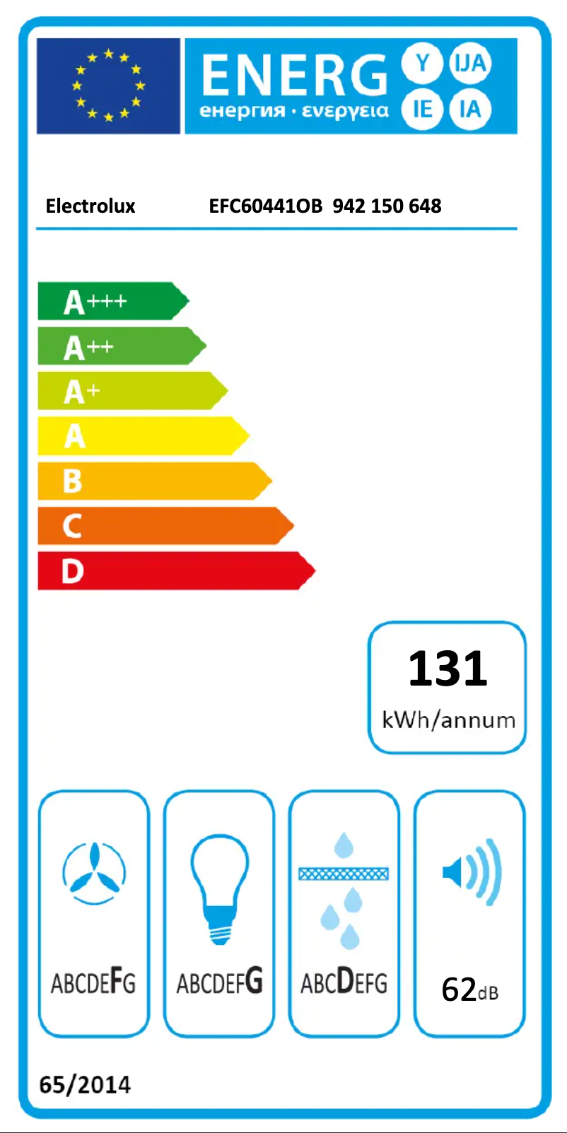 Page 1 de la notice Label énergétique Electrolux EFC60441OB