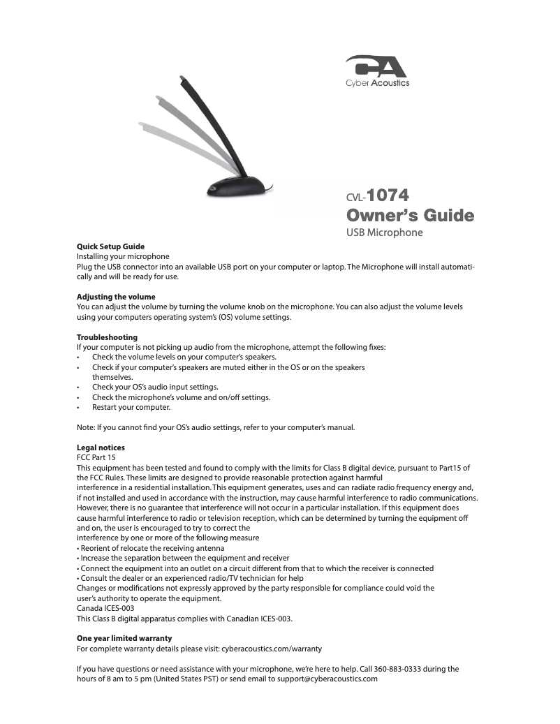 Page n°1 - Manuel utilisateur Cyber Acoustics CVL-1074