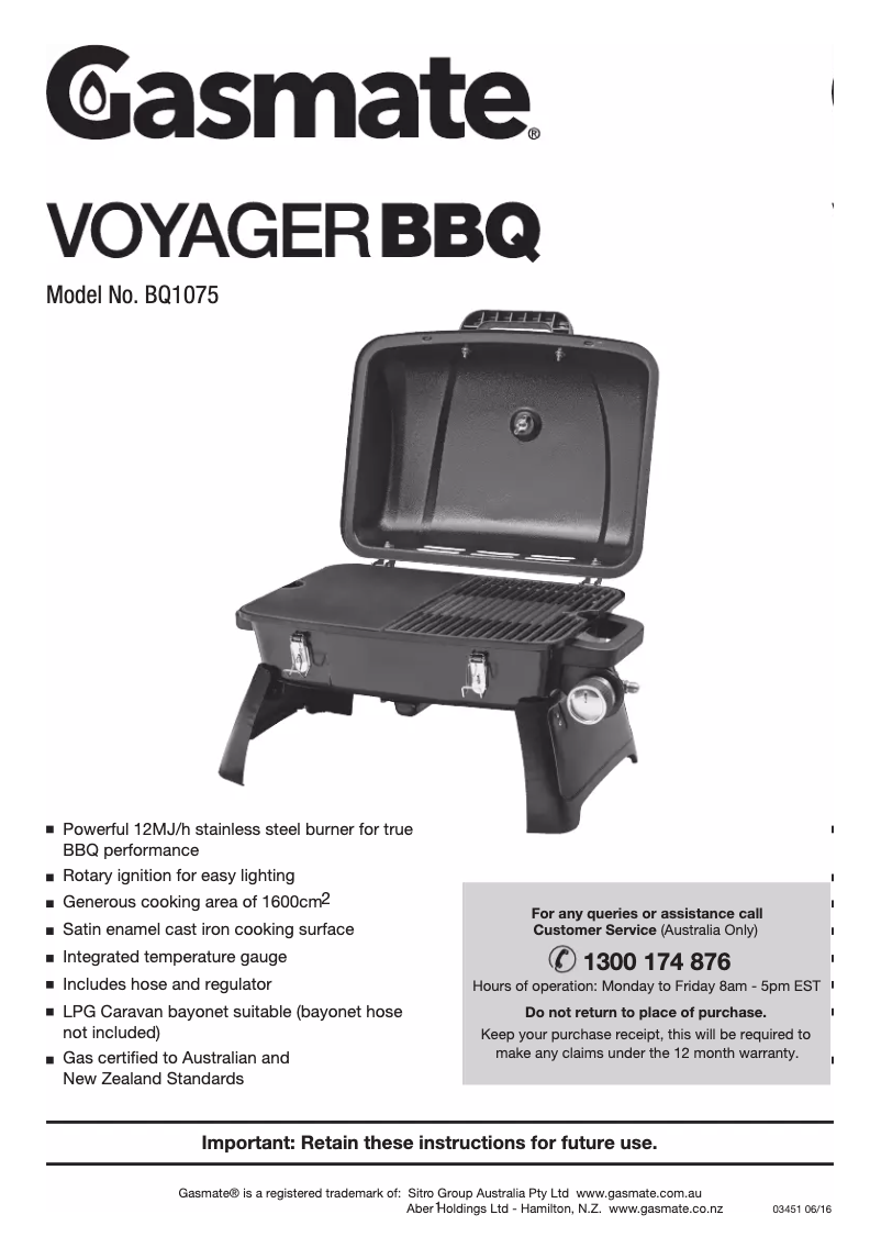 Page n°1 - Manuel utilisateur Gasmate Voyager BQ1075