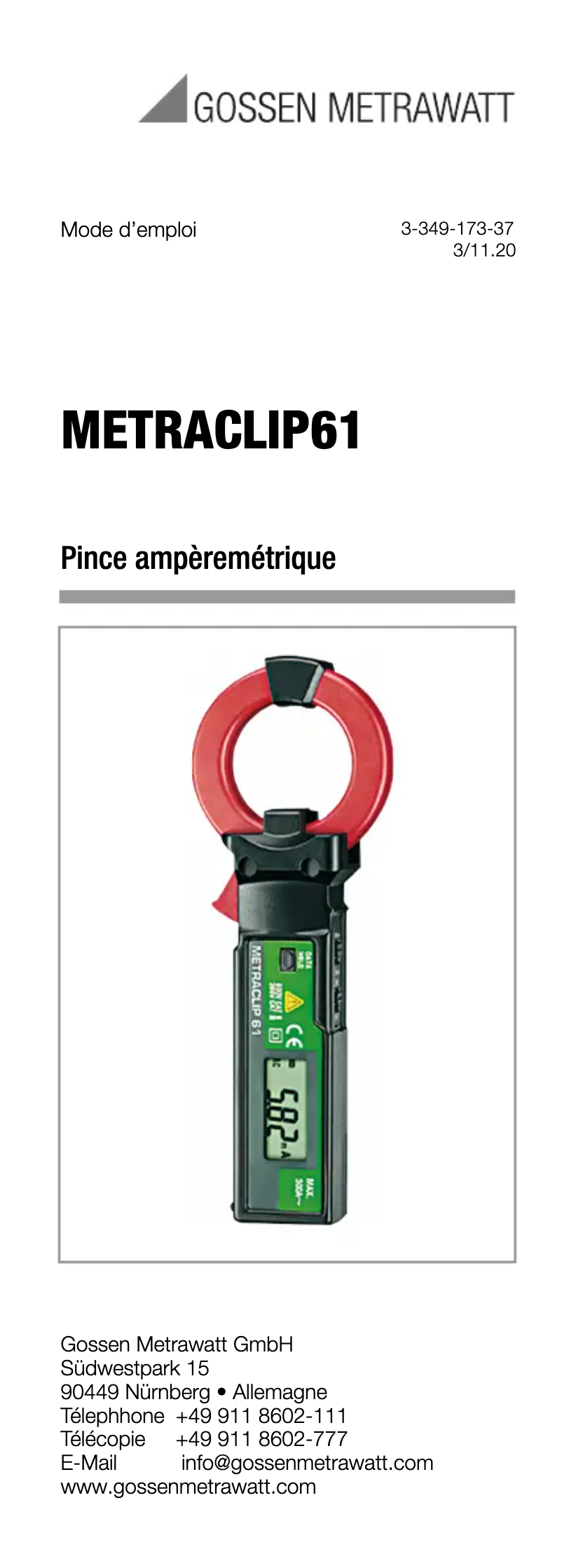 Page 1 de la notice Manuel utilisateur Gossen Metrawatt METRACLIP 61