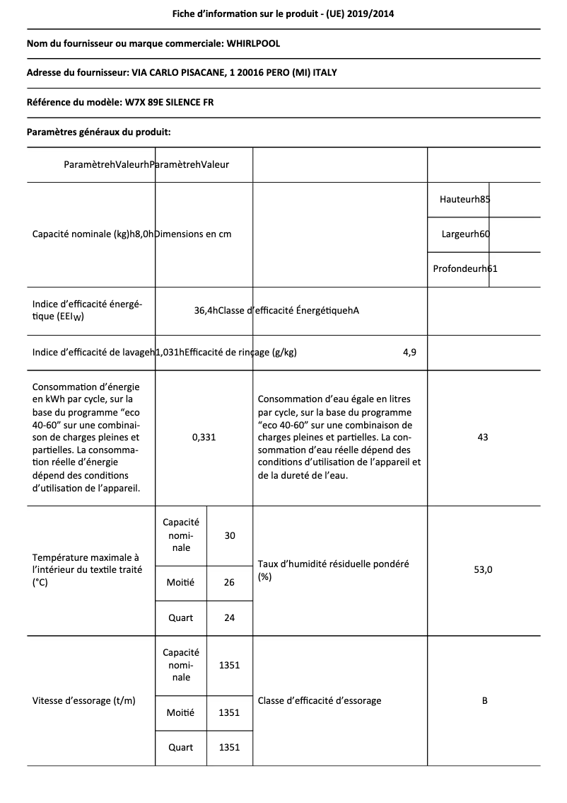 Page 1 de la notice Fiche technique Whirlpool W7X 89E SILENCE FR