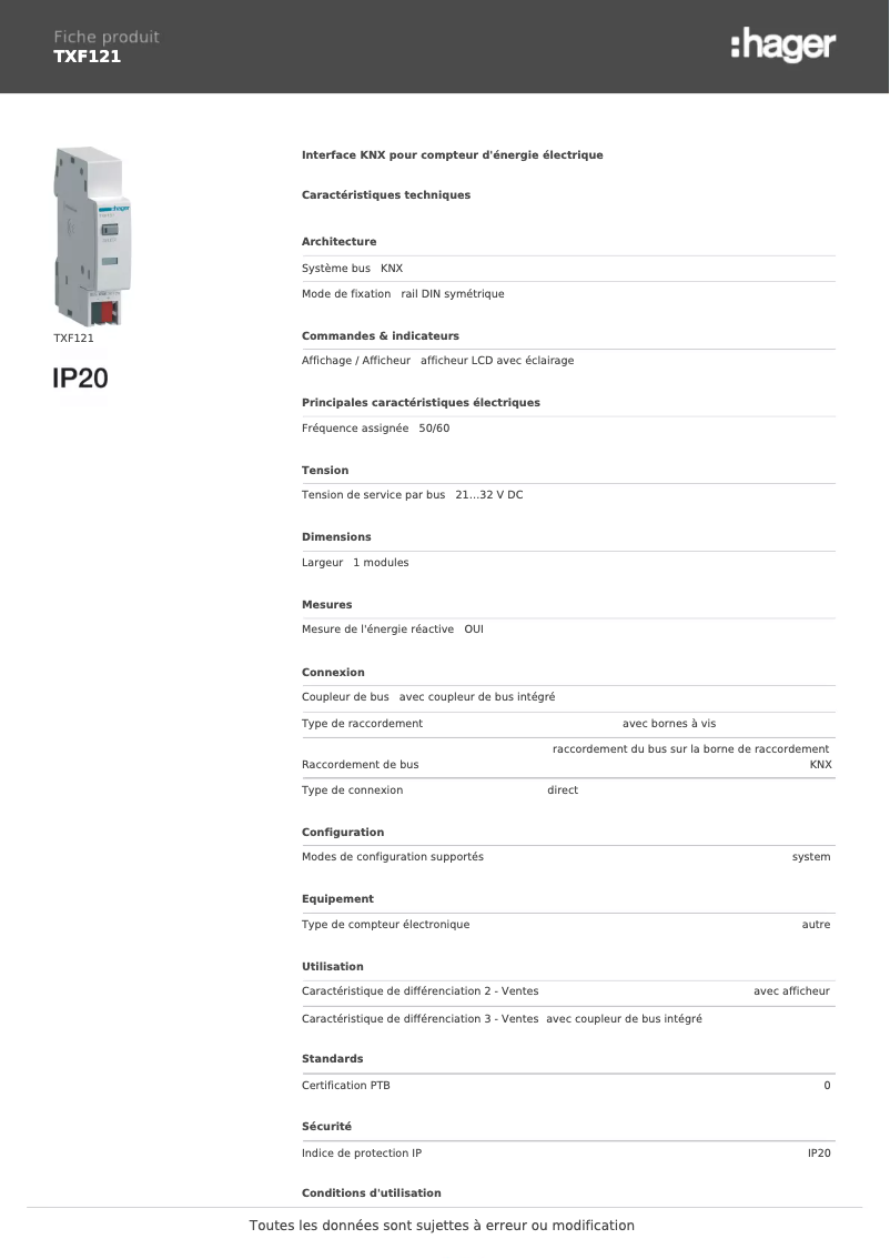 Page n°1 - Fiche technique Hager TXF121