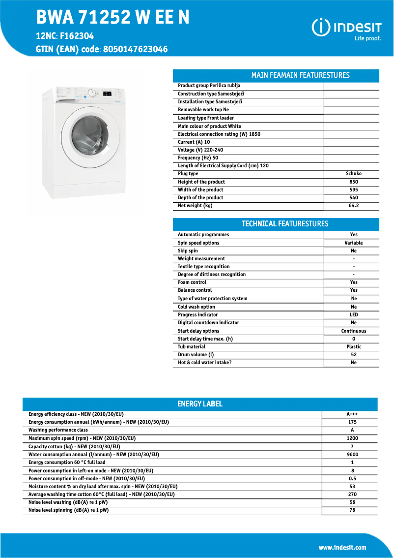 Page 1 de la notice Fiche technique Indesit BWA 71252 W EE N