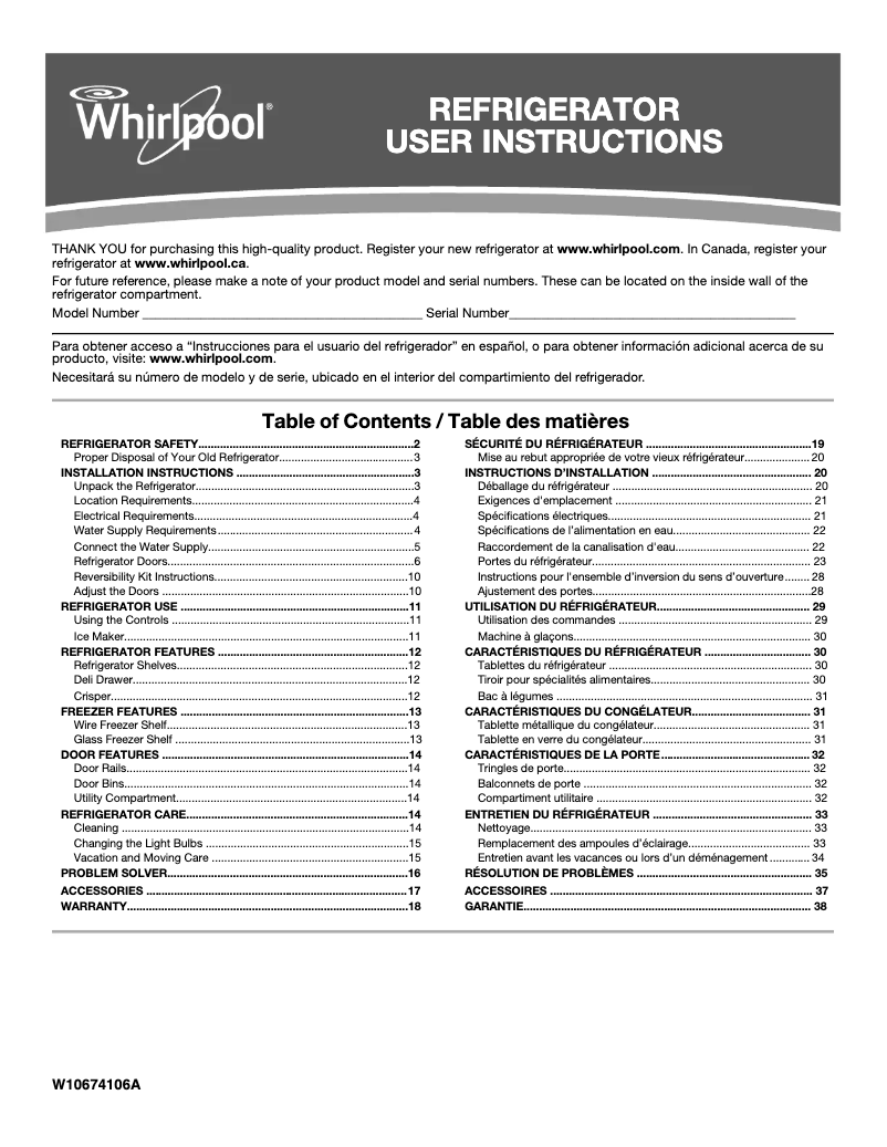 Page 1 de la notice Manuel utilisateur Whirlpool WRT541SZDW