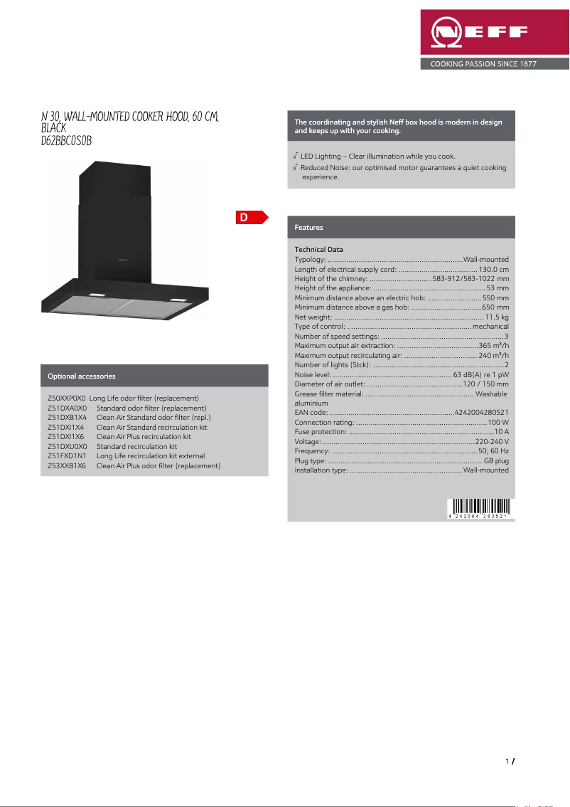 Page 1 de la notice Fiche technique Neff D62BBC0S0B