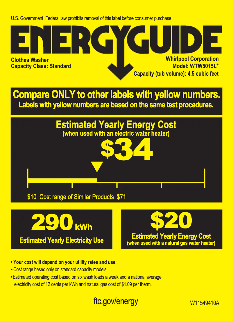 Page 1 de la notice Label énergétique Whirlpool WTW5015LW