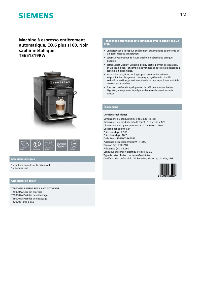 Page n°1 - Manuel utilisateur Siemens EQ.6 Plus s100 TE651319RW
