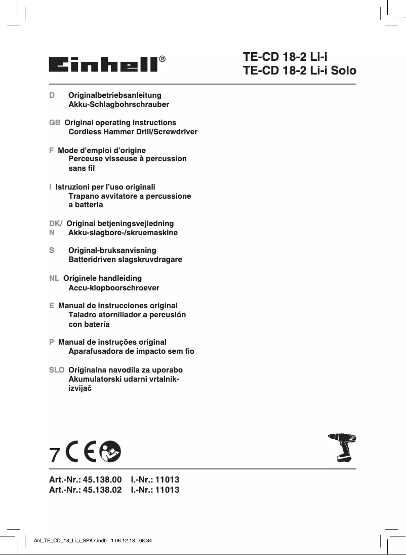 Page n°1 - Manuel utilisateur Einhell TE-CD 18-2 Li-i Kit