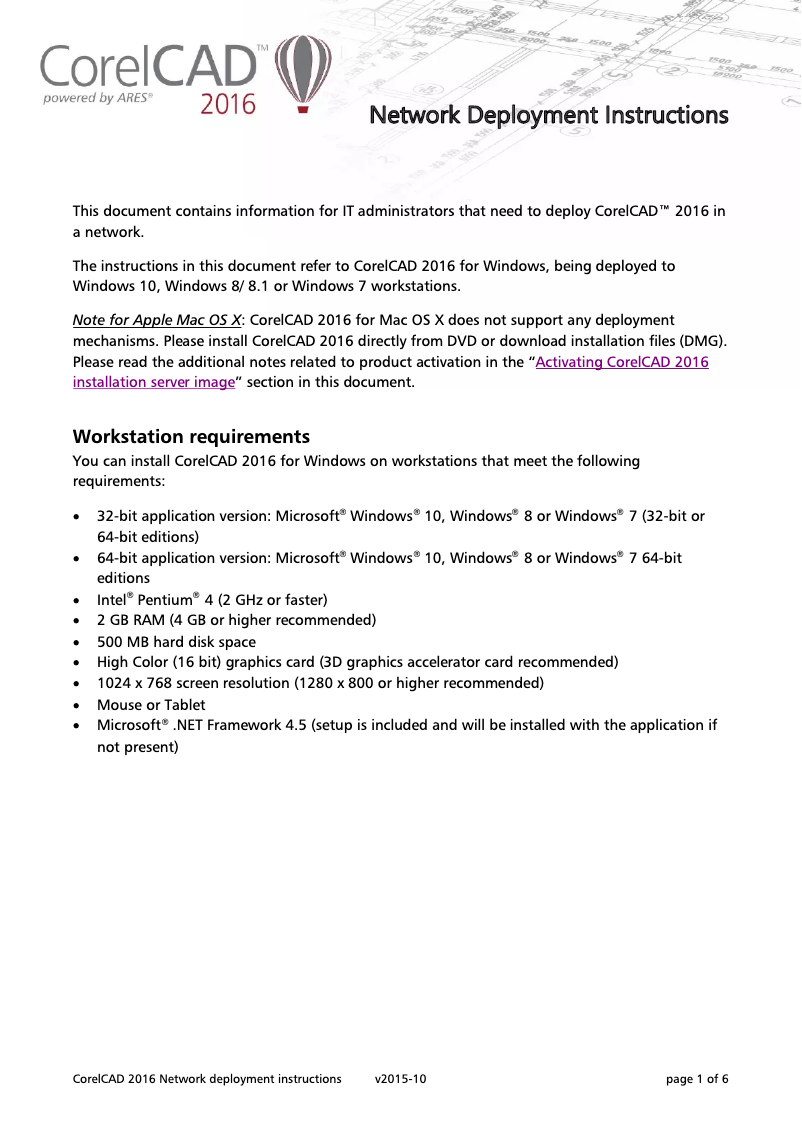 Image de la première page du manuel de l'appareil CorelCAD 2016