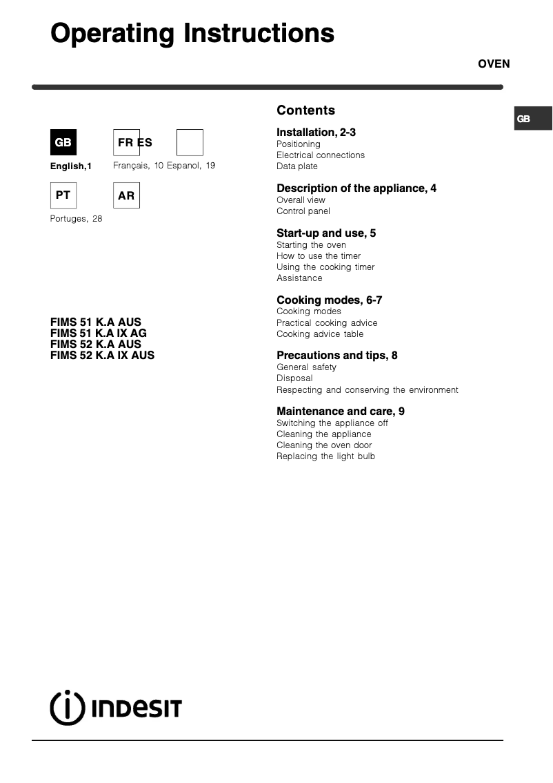 Page 1 de la notice Manuel utilisateur Indesit FIMS 52 K.A IX AUS