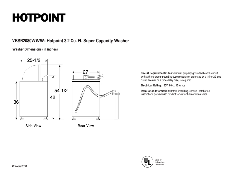 Page n°1 - Fiche technique Hotpoint VBSR2080WWW