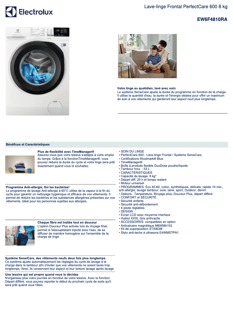 Page 1 de la notice Fiche technique Electrolux EW6F4810RA