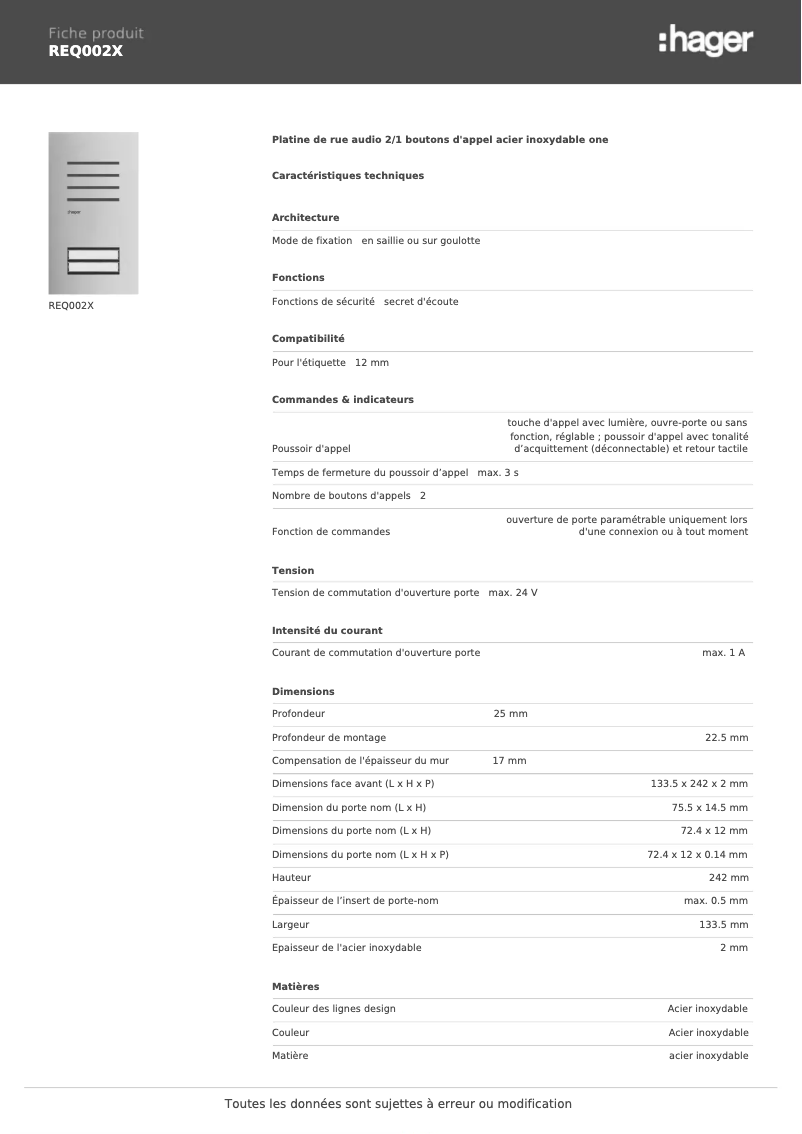 Page 1 de la notice Fiche technique Hager REQ002X