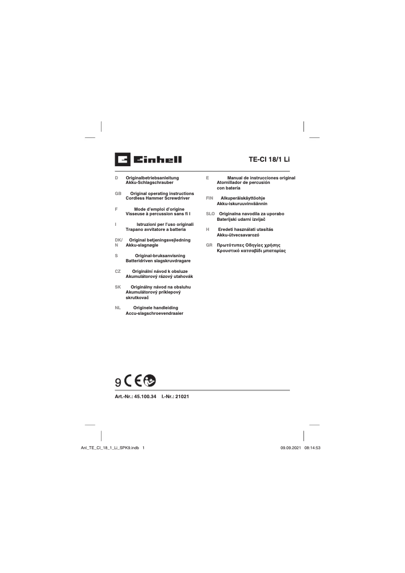 Page n°1 - Manuel utilisateur Einhell TE-CI 18/1 Li