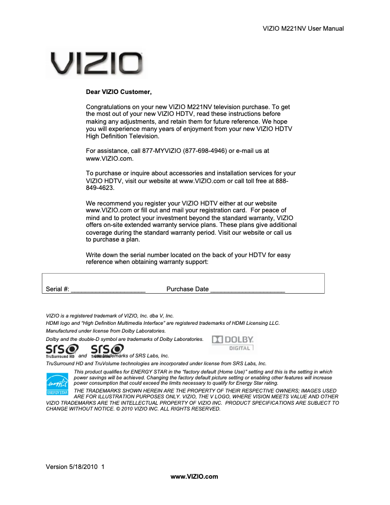 Page 1 de la notice Manuel utilisateur VIZIO M221NV