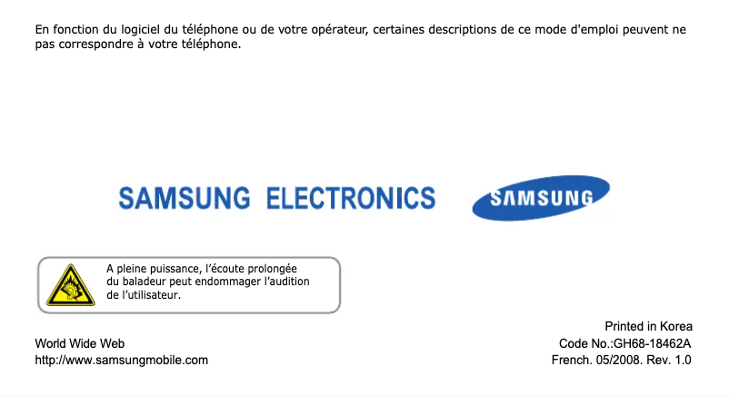 Page 1 de la notice Manuel utilisateur Samsung SGH-E251