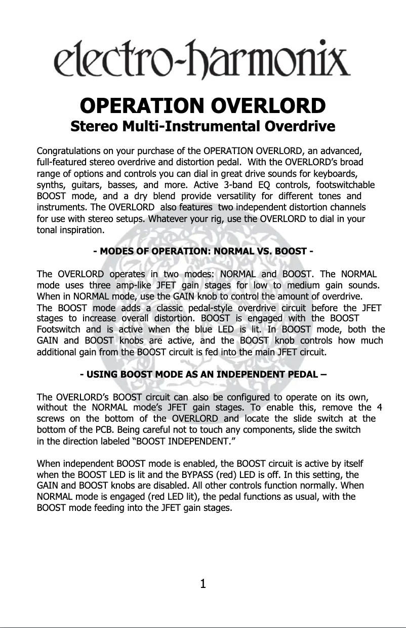 Page n°1 - Manuel utilisateur Electro Harmonix Operation Overlord