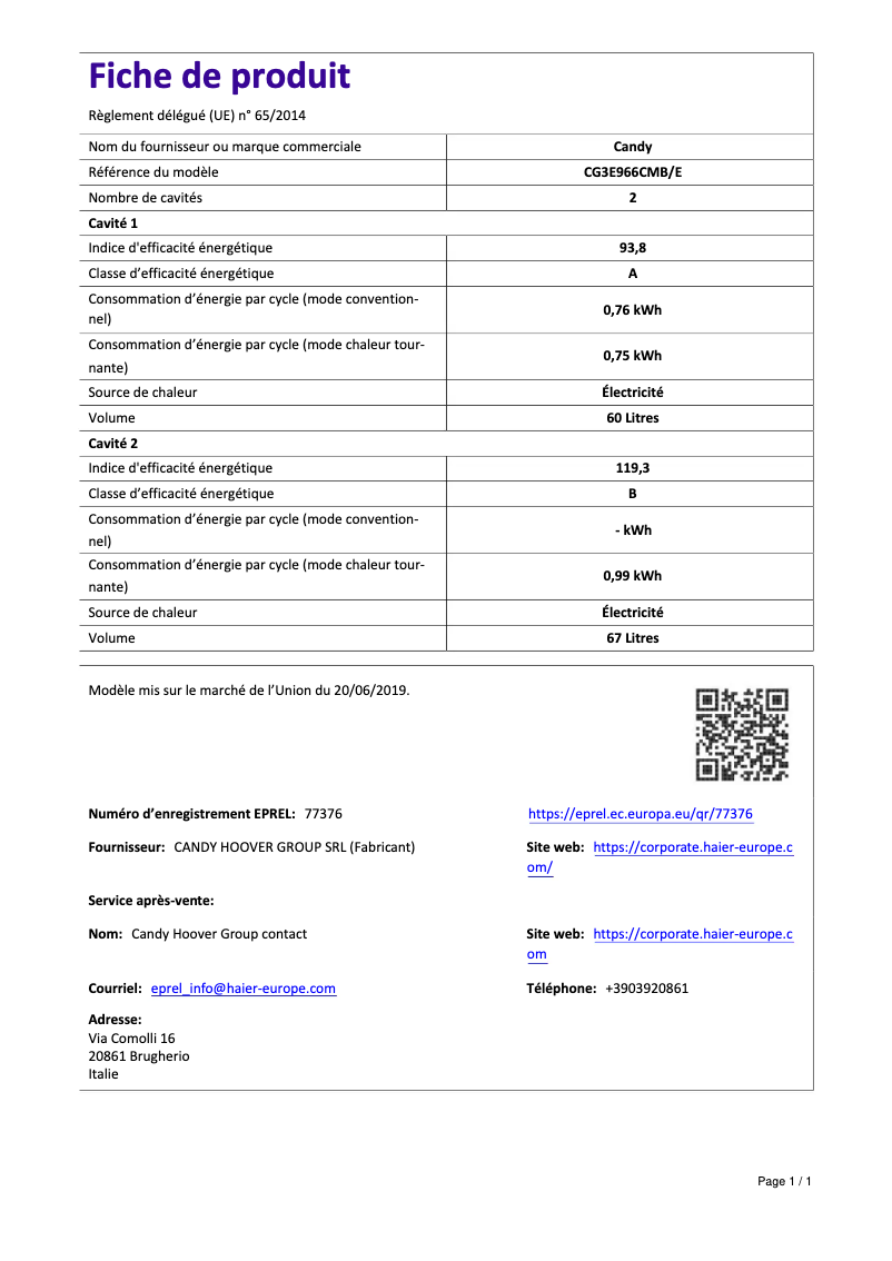 Page 1 de la notice Manuel utilisateur Candy CG3E966CMB/E