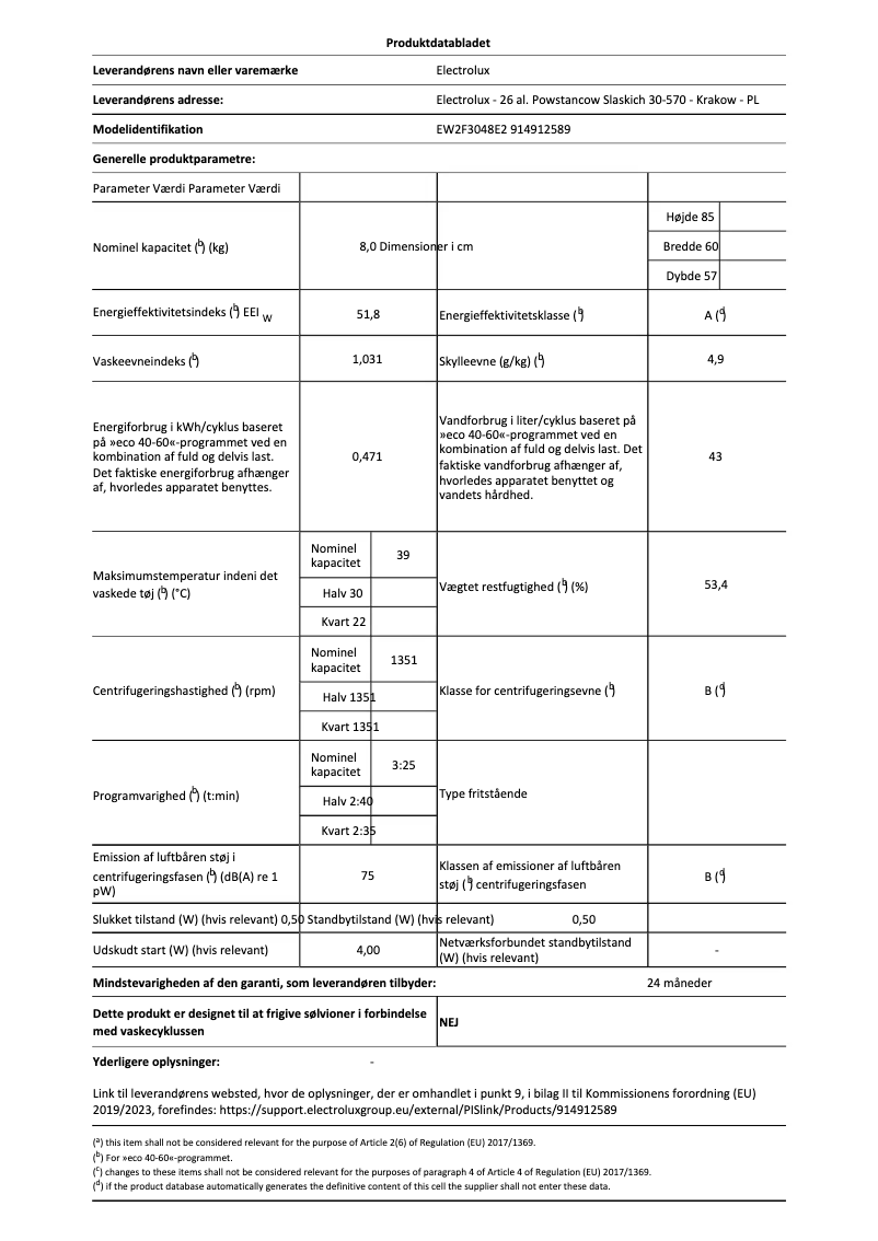 Página 1 del manual Ficha técnica Electrolux EW2F3048E2