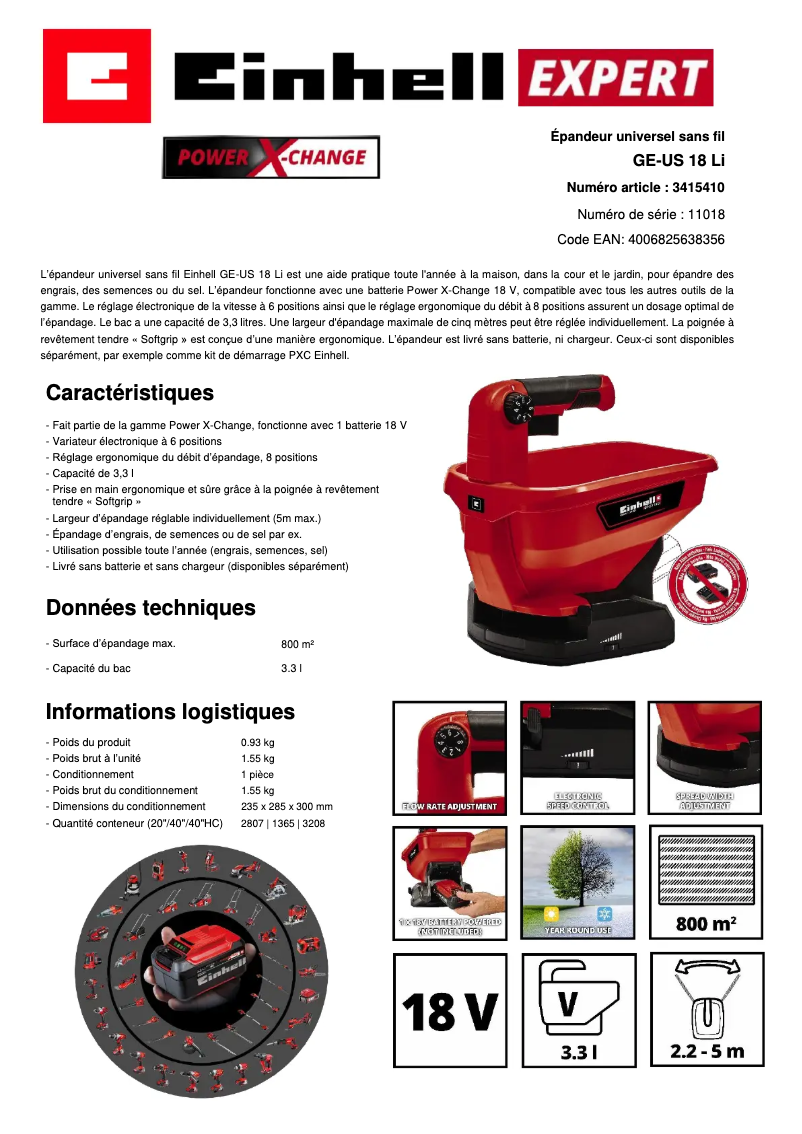 Page 1 de la notice Fiche technique Einhell GE-US 18 Li-Solo