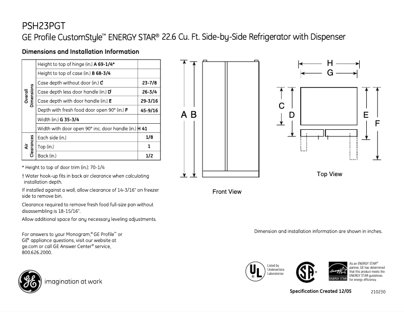 Page n°1 - Fiche technique GE PSH23PGTBV
