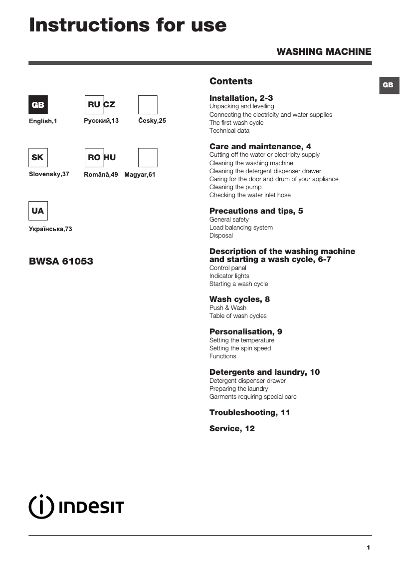 Page n°1 - Mode d'emploi Indesit BWSA 61053 W EU