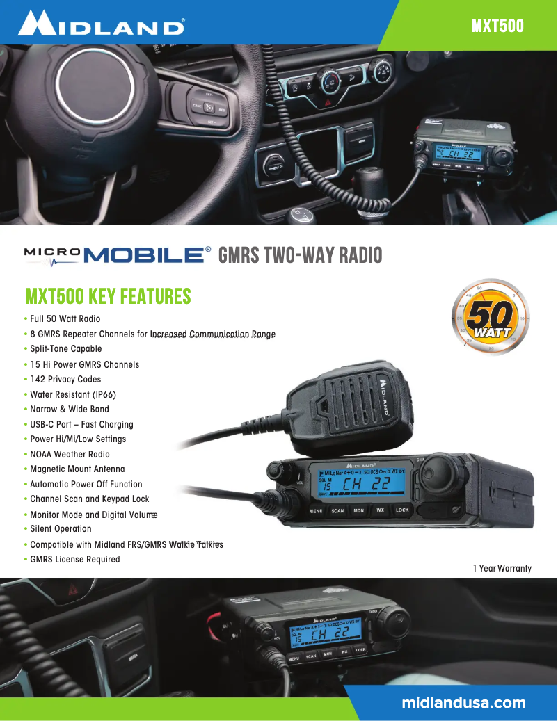 Page n°1 - Fiche technique Midland MXT500